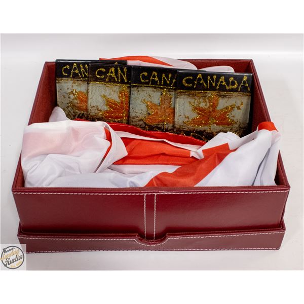 RED LEATHER BOX WITH LID WITH NEW CANADIAN