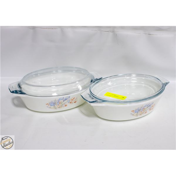 2 VINTAGE MILK GLASS PYREX COVERED