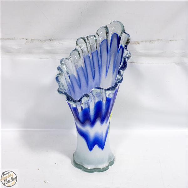 BLUE WHITE ART GLASS VASE 12 INCHES TALL