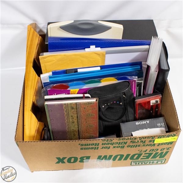 BOX FULL OF OFFICE SUPPLIES INCL. NEW DVD-R'S,