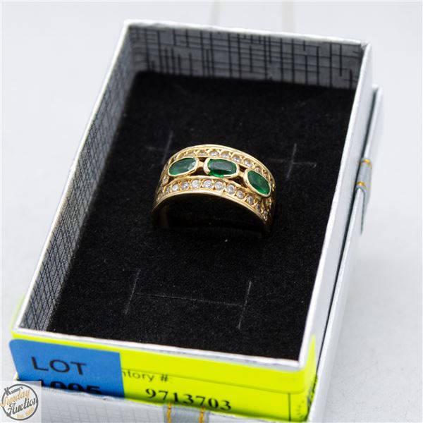 VINTAGE 10K CUSTOM GOLD RING SZ 9 W/3 EMERALDS &