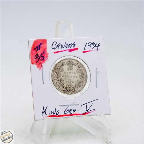 #4663-CANADA 1934 KING GEO V SILVER 25 CENTS
