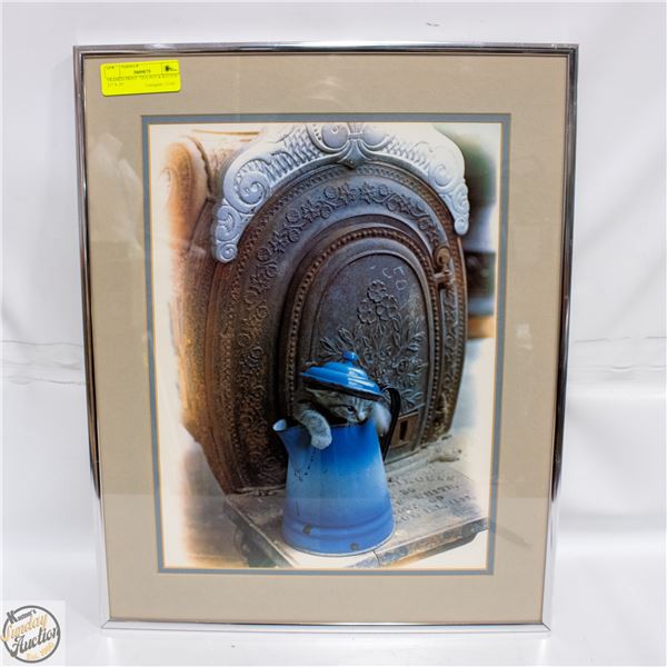 FRAMED PRINT "TEA POT & KITTEN" 21" X 16"