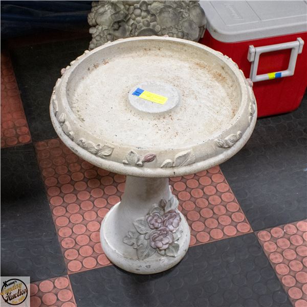 HEAVY 2 PIECE CEMENT BIRD BATH,RAISED FLORAL