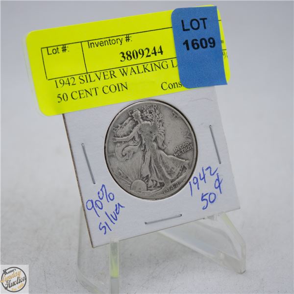 1942 SILVER WALKING LIBERTY 90% 50 CENT COIN