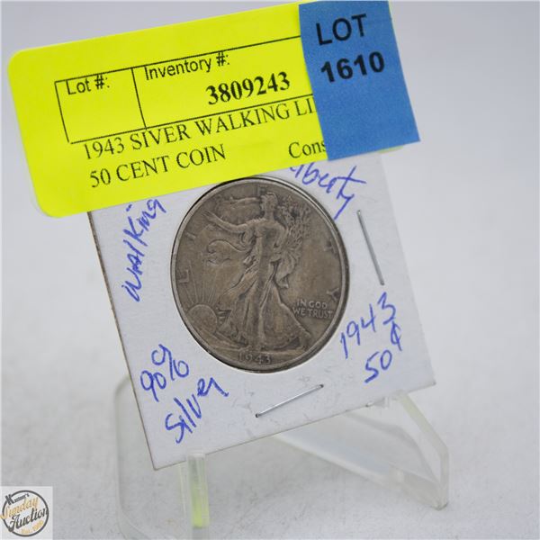 1943 SIVER WALKING LIBERTY 90% 50 CENT COIN