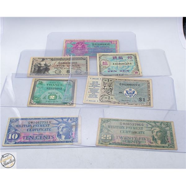 LOT OF 7 MILITARY PAYMENT CERTIFICATES.