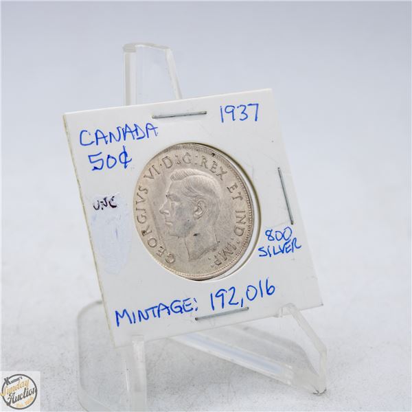 1937 CANADA 50 CENTS SILVER COIN. 800 SILVER