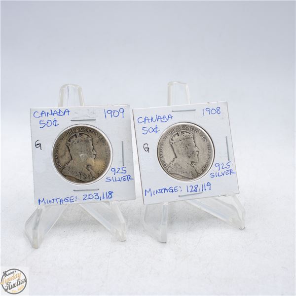 1908 AND 1909 CANADA 50 CENTS SILVER COINS.