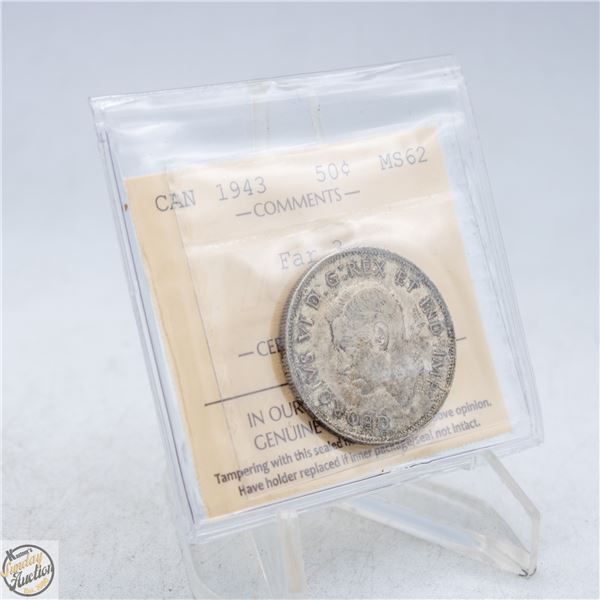 1943 FAR 3 CANADA 50 CENTS SILVER COIN