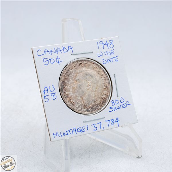 1948 WIDE DATE. CANADA 50 CENTS SILVER COIN