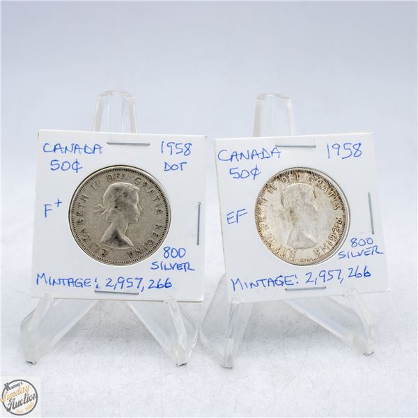 1958 AND 1958 DOT CANADA 50 CENTS SILVER COINS
