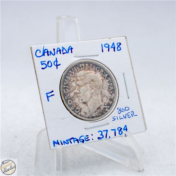 1948 CANADA 50 CENTS SILVER COIN. 800 SILVER