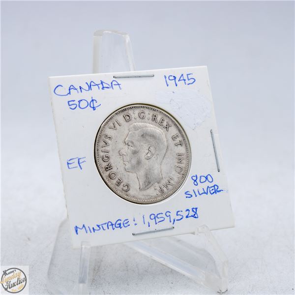 1945 CANADA 50 CENTS SILVER COIN. 800 SILVER