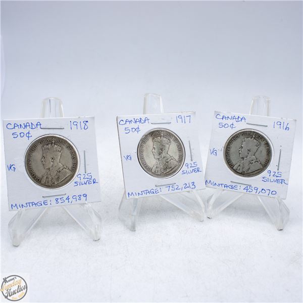 1916 AND 1917 AND 1918 CANADA 50 CENTS