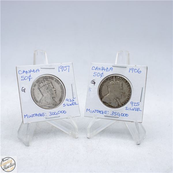 1906 AND 1907 CANADA 50 CENTS SILVER COINS.