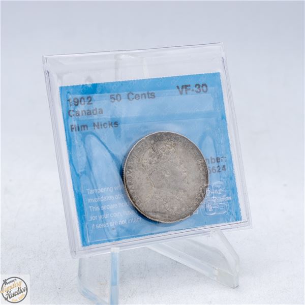 1902 CANADA 50 CENTS SILVER COIN. VF30.