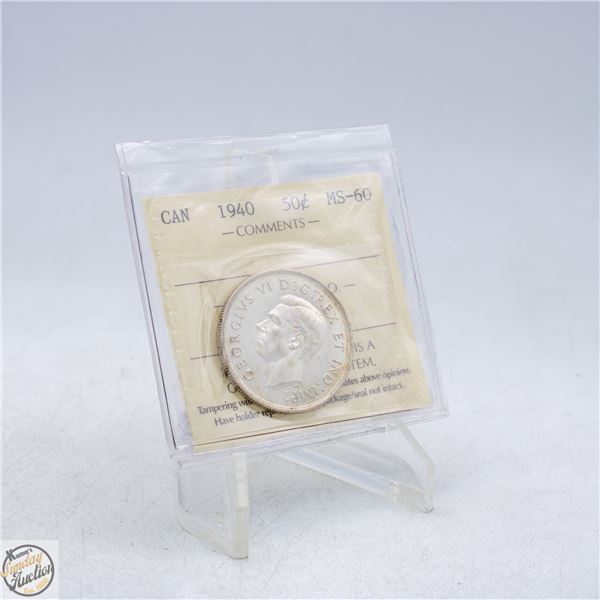 1940 CANADA 50 CENTS SILVER COIN. MS60