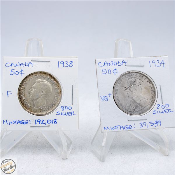 1934 AND 1938 CANADA 50 CENTS SILVER COINS