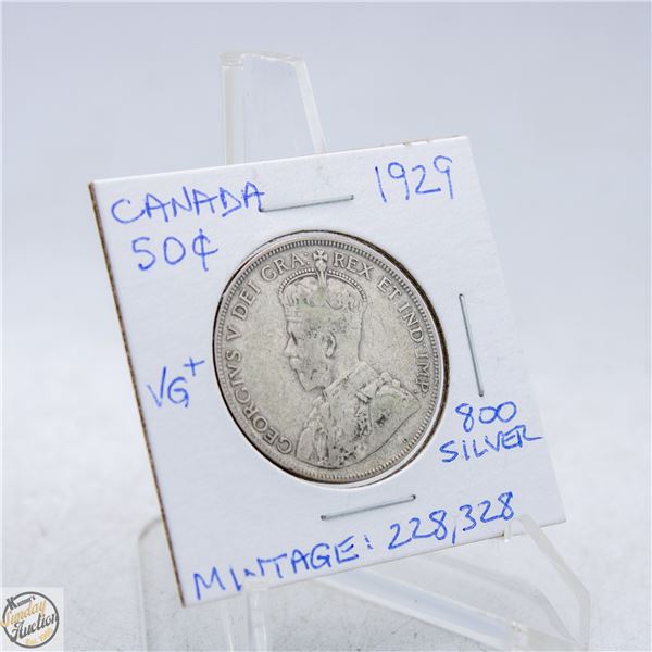 1929 CANADA 50 CENTS SILVER COIN. 800 SILVER