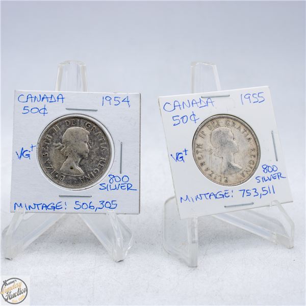 1954 AND 1955 CANADA 50 CENTS SILVER COINS