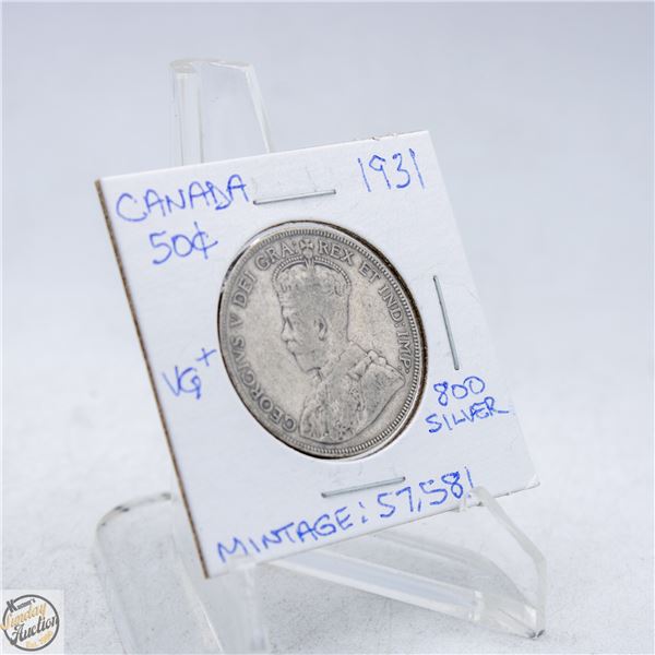 1931 CANADA 50 CENTS SILVER COIN. 800 SILVER