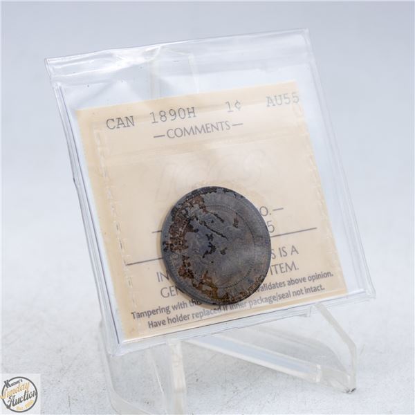 1890 CANADA ONE CENT COIN. AU55, CERTIFIED