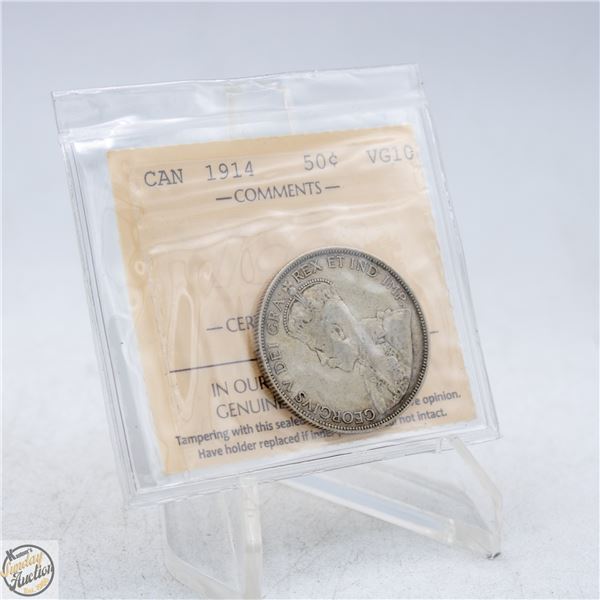1914 CANADA 50 CENTS SILVER COIN. VG10.