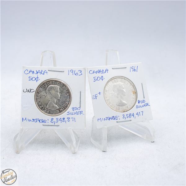 1961 AND 1963 CANADA 50 CENTS SILVER COINS
