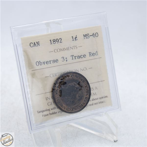 1892 OBVERSE 3 CANADA ONE CENT COIN.
