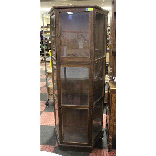 ANTIQUE HALF HEXAGONAL DISPLAY CABINET WITH BRASS