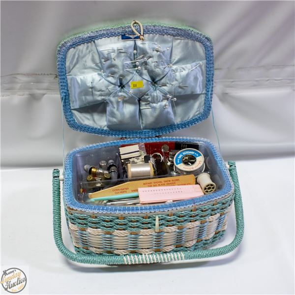 VTG. WOVEN SEWING BASKET WITH NOTIONS