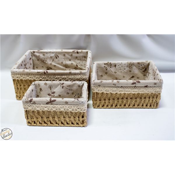 SET OF 3 WOVEN/CLOTH STACKABLE BASKETS