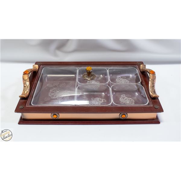 VTG. 1950’S WOOD COMPARTMENT TRAY W LID