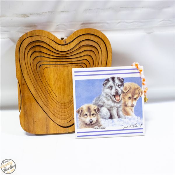WOOD COLLAP. BASKET, SIGNED PUPPY