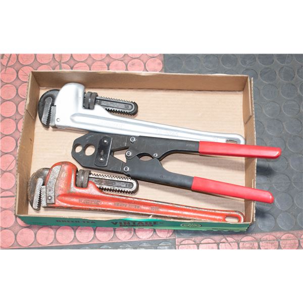 FLAT OF PIPE WRENCHES AND PEX CRIMPER