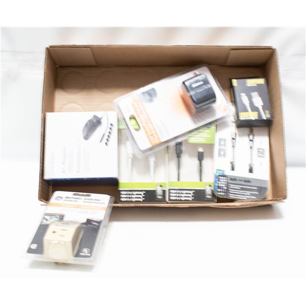 FLAT OF NEW SEALED ELERTRONIC CABLES+ADAPTORS ETC