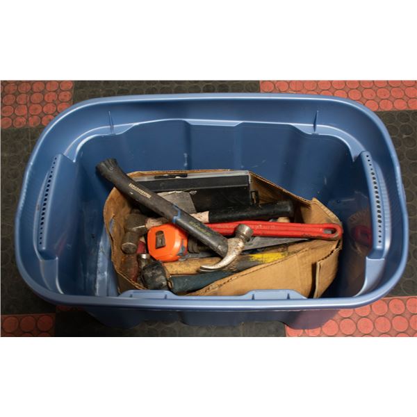 BOX OF ASSORTED TOOLS HAMMERS ETC