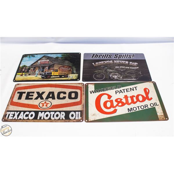 LOT OF FOUR ASSORTED 8" X 12" METAL SIGNS