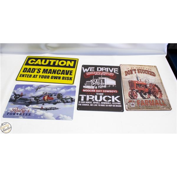 LOT OF FOUR ASSORTED 8" X 12" METAL SIGNS