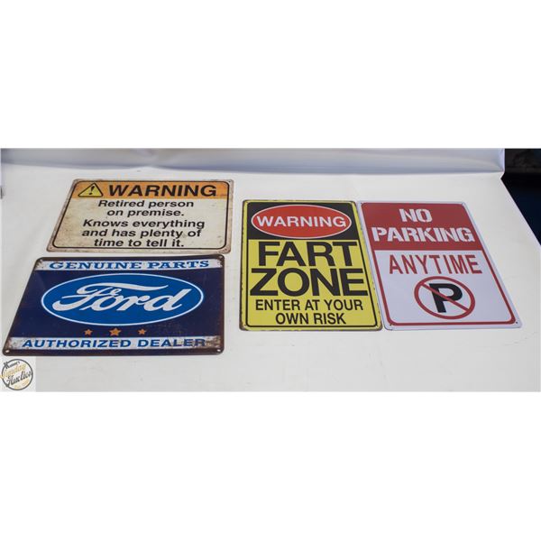 LOT OF FOUR ASSORTED 8" X 12" METAL SIGNS