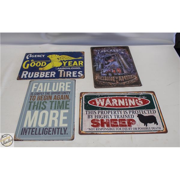 LOT OF FOUR 8" X 12" METAL SIGNED ASSORTED
