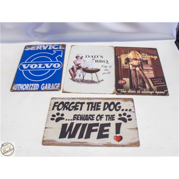 LOT OF FOUR ASSORTED 8" X 12" METAL SIGNS
