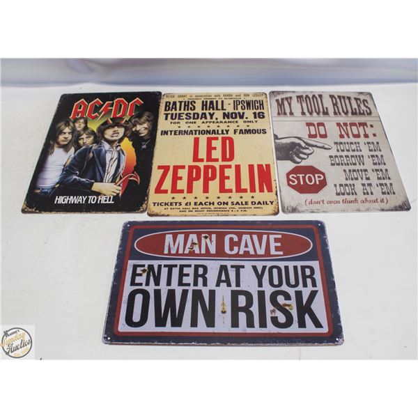 LOT OF FOUR ASSORTED 8" X 12" METAL SIGNS