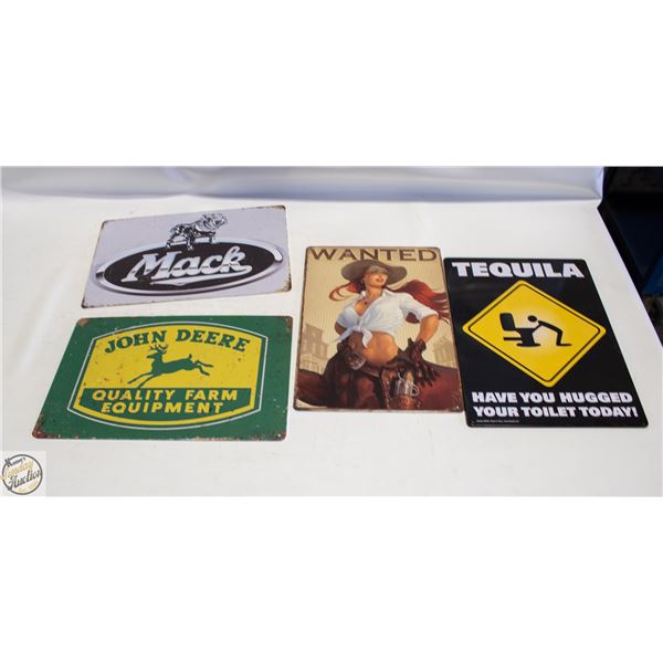 LOT OF FOUR ASSORTED 8" X 12" METAL SIGNS