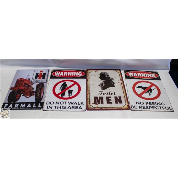 LOT OF FOUR ASSORTED 8" X 12" METAL SIGNS