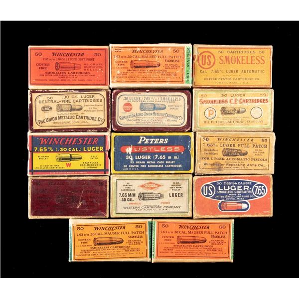 VINTAGE BOXES OF 30 LUGER (11) & 30 MAUSER (3)