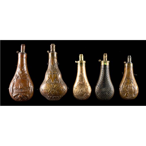 FINE GROUP OF 5 DECORATED ANTEBELLUM POWDER FLASKS