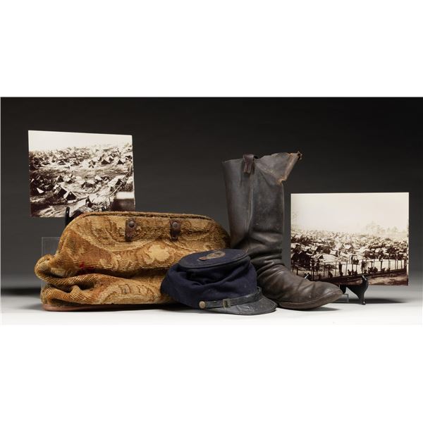 CIVIL WAR HAT, BOOT & CARPET BAG BELONGING TO