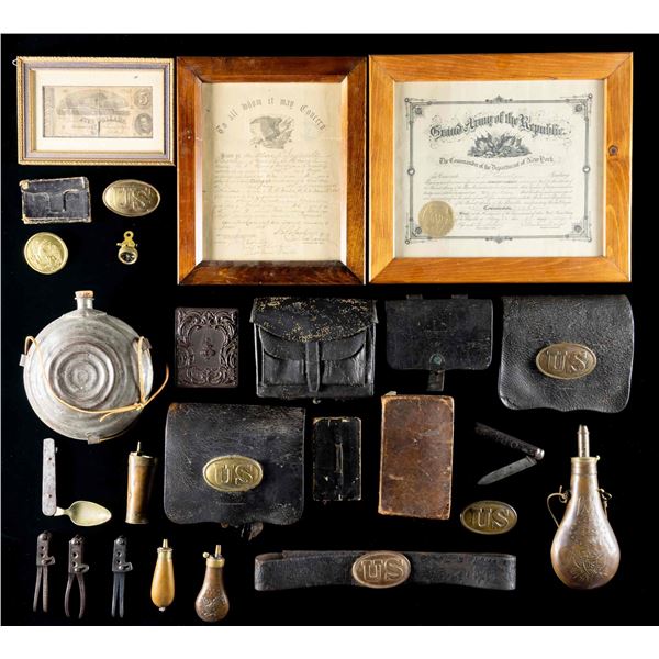 FRAMED CIVILWAR DOCUMENTS, POWDER FLASKS AND